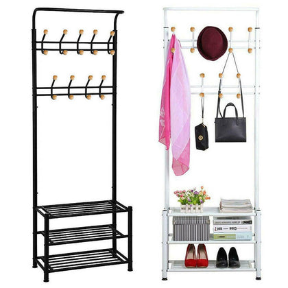 Metal Hat And Coat Stand Clothes Shoe Rack Hanger Hooks Shelf Black Or White
