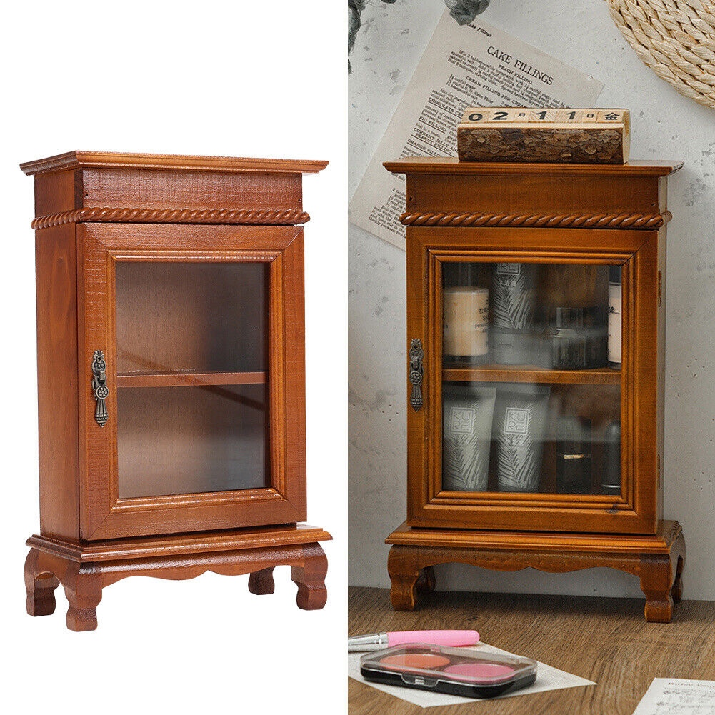 Wooden Mini Storage Cabinet Glass Door Cosmetic Desk Organizer