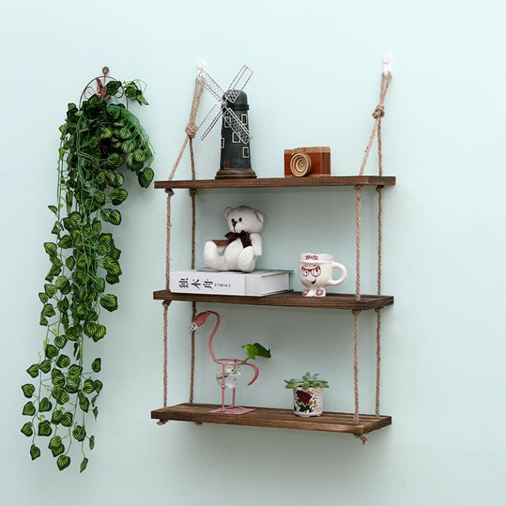 Nostalgic 3 Tier Shelf Wall Hanging Shelves Natural Rope Wooden Floating Shelves