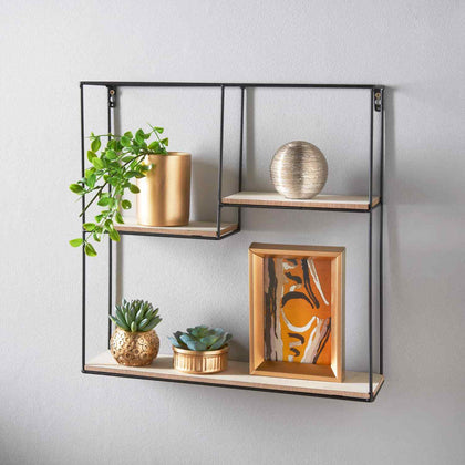 Square Black Wall Unit with Shelves Metal and Wood Multi Section