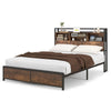 King Size Platform Bed Metal Slatted Support Bed Frame with Bookcase Headboard