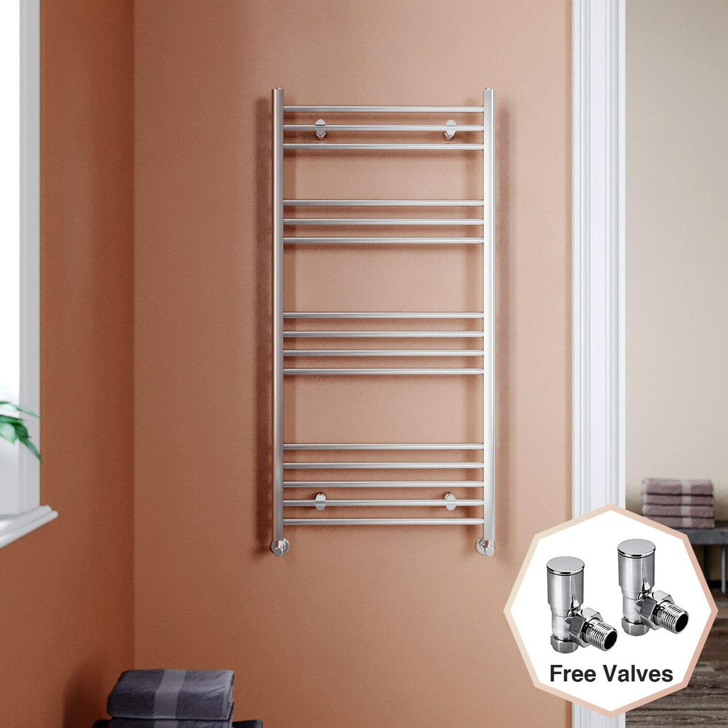 Chrome Towel Rail Radiator Rads Bathroom Heated Straight Ladder Warmer w/ Valves