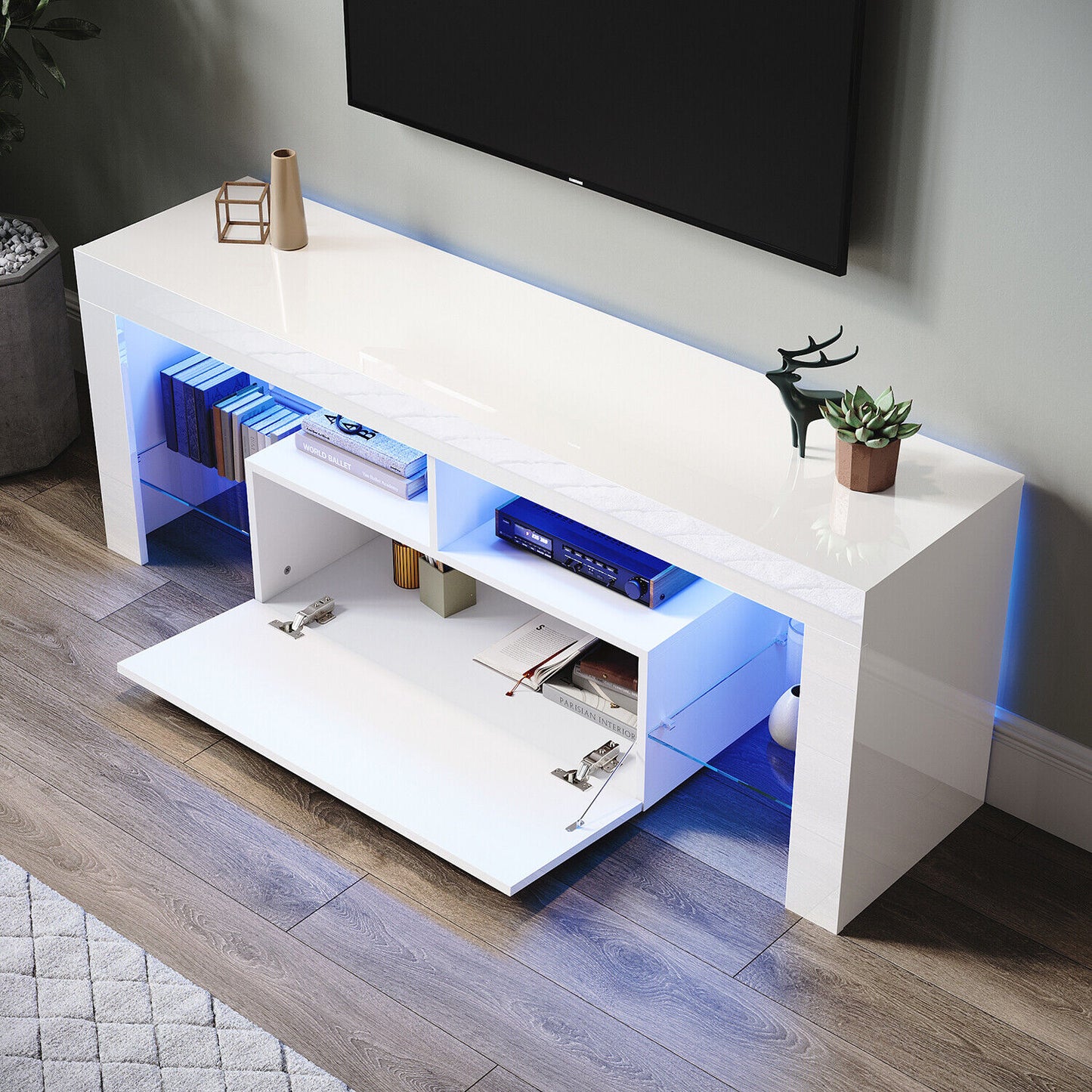 High Gloss White 140cm TV Stand Cabinet Unit Drawer Sideboard with LED Lights