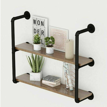 2 Tiers Industrial Iron Pipe Shelf Retro Wall Mounted Shelving With Wood Board