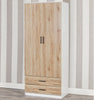 Tall Wooden 2 Door Wardrobe With 2 Drawers Bedroom Storage Hanging Bar Clothes