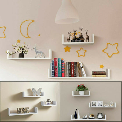 3 U Shaped Floating Wooden Shelves Wall Mounting Shelf Storage Display Book Unit