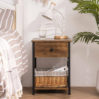 Industrial Bedside Cabinet Rustic Effect Wood Nightstand Side Table Drawer Shelf