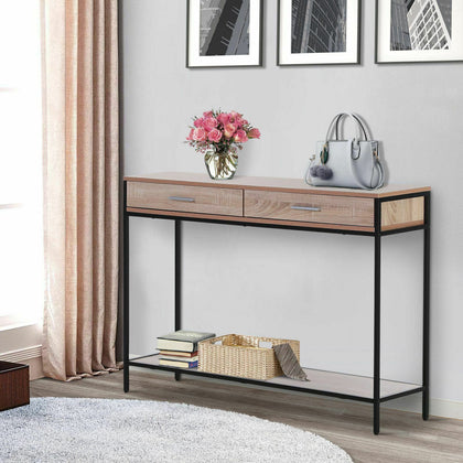 HOMCOM Console Table Worktop Bottom Shelf 2 Drawer Industrial Minimal Style Oak