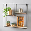 Square Black Wall Unit with Shelves Metal and Wood Multi Section