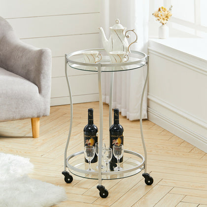 2 Tier Round Drinks Trolley Modern Glass Rack Serving Cart Kitchen Side Table