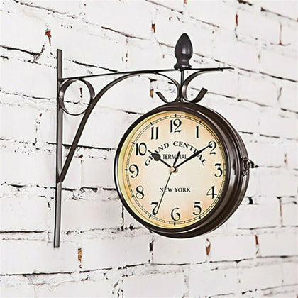 Antique Wall Mount Clock Garden Hallway Outdoor Station Double Sided w/ Bracket
