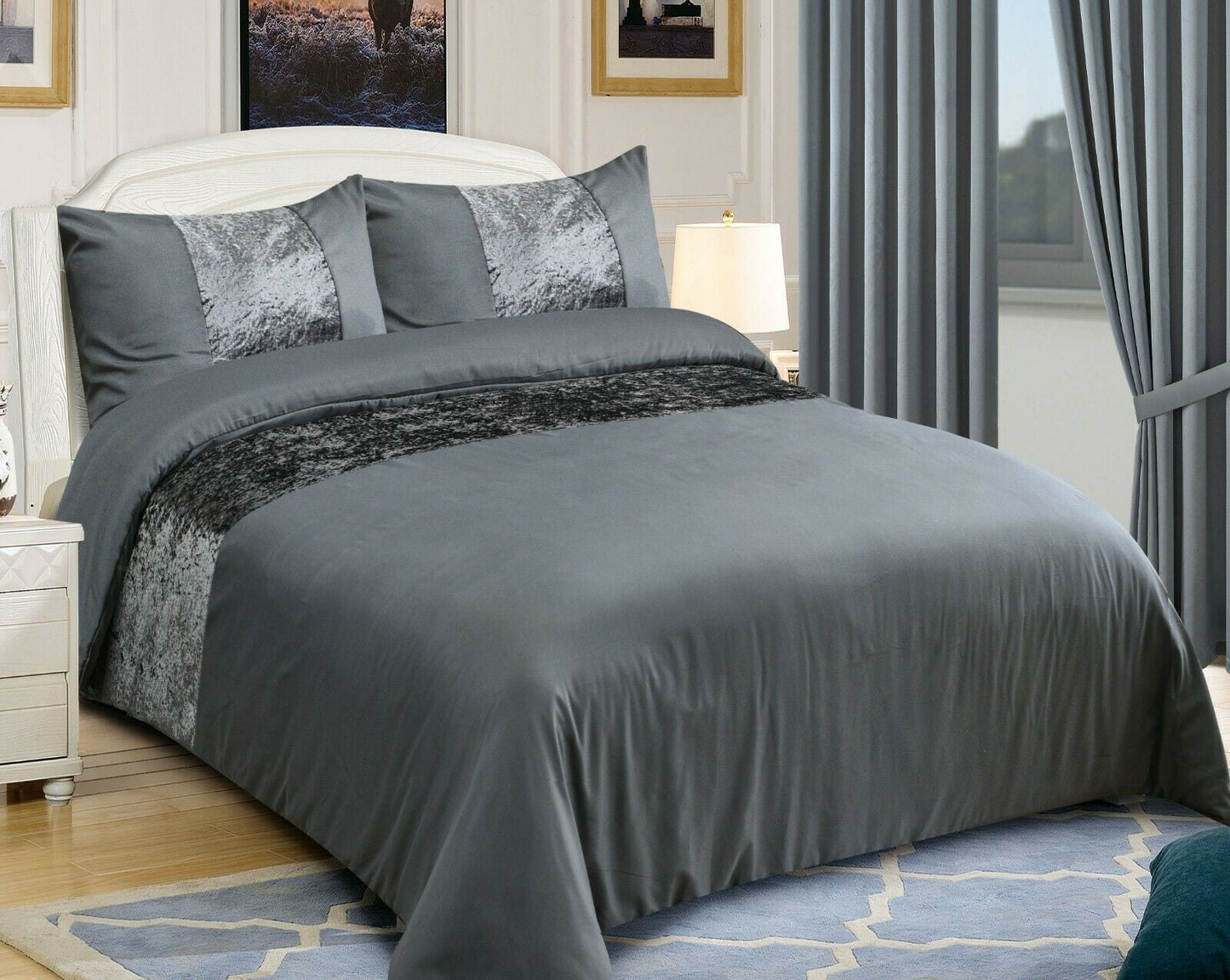 Crushed Velvet Panel Duvet Cover with Pillow Case Bedding Set Silver Grey Black