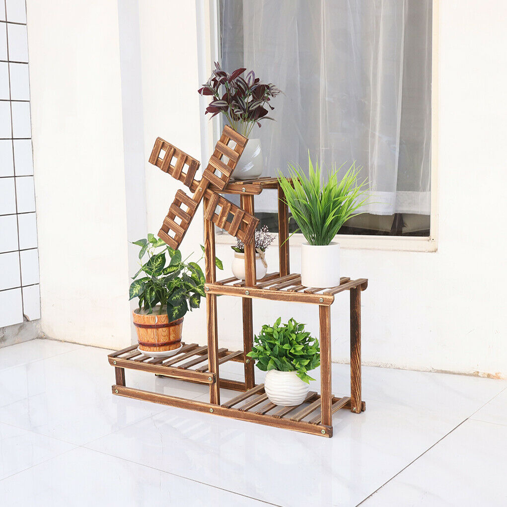 4 Tiers Flower Rack Wood Plant Stand Bonsai Display Shelf With Dutch Windmill