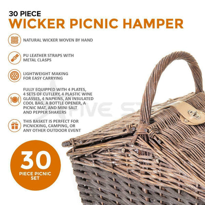 4 Person Luxury Wicker Basket Outdoor Picnic Hamper Set with Rug/Blanket Willow