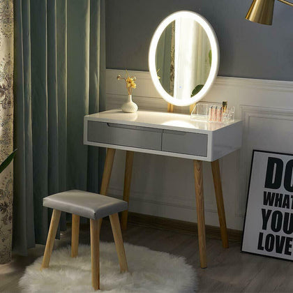 Modern Dressing Table 2 Drawers Makeup Desk Dresser LED Lighted Mirror Stool Set