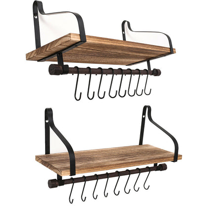 Wall Floating Shelf Rustic Wood Iron Kitchen Storage Rack With 8 Removable Hooks