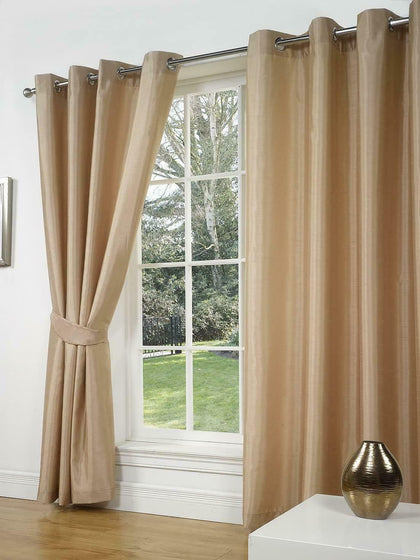 Latte Faux Silk Curtains Pair Eyelet Ring Top Heading Lined With Tiebacks Set