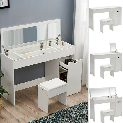 Dressing Table Set Cushioned Stool Flip-up Mirror Cabinet Office Desk Bedroom UK