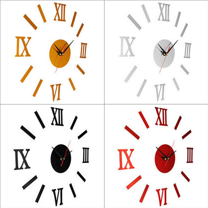 3D DIY Wall Clock Roman Numerals Luxury Mirror Sticker Home Decor Living Room