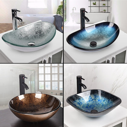 Countertop Sink Basin Bathroom Clockroom Wash Bowl Tempered Glass Tap Waste Set