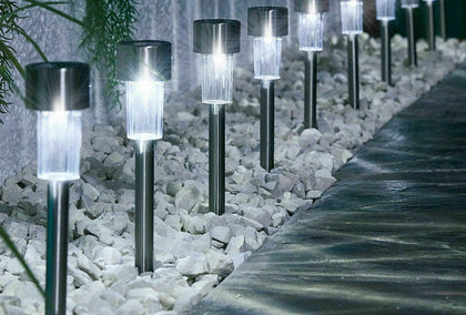 10 PACK WHITE LED SOLAR GARDEN MARKER OUTDOOR STAKE LIGHTS, PATH, BOUNDARY