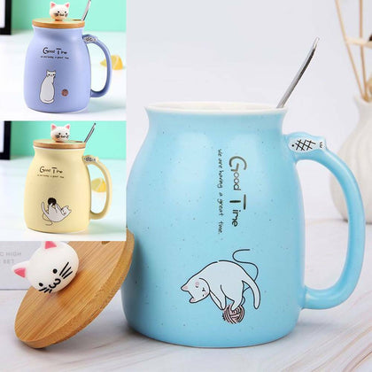 420ML Cat Kitten Ceramic Coffee Mug Tea Milk Water Cup Handle Lid Birthday Gift