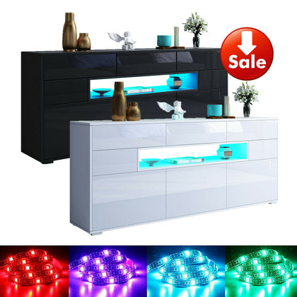 Modern LED Light Sideboard TV Cabinet Stand Unit High Gloss 3 Doors 5 Drawers