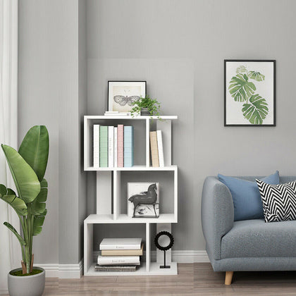 3 Tier Wooden Bookcase Bookshelf S-shape Display Stand Rack Shelving Unit White