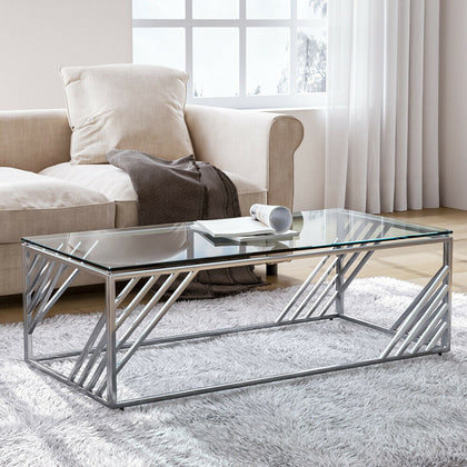 Modern Coffee Table Tempered Glass Top Sliver Chrome Base Living Room Furnitures