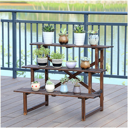 Flower Steps 3 Tier Wooden Plant Ladder Stand Lightweight Wood Garden In/Outdoor