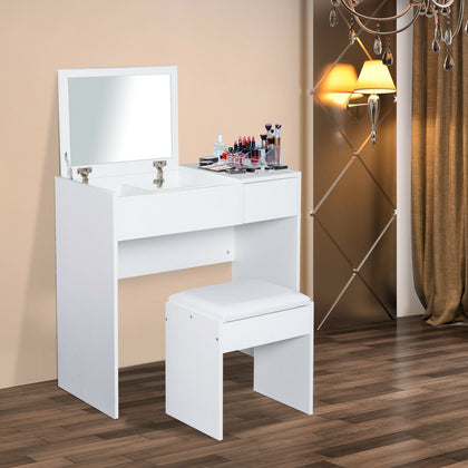 HOMCOM Dressing Table Set with Flip-up Mirror Padded Stool Sliding Drawer White