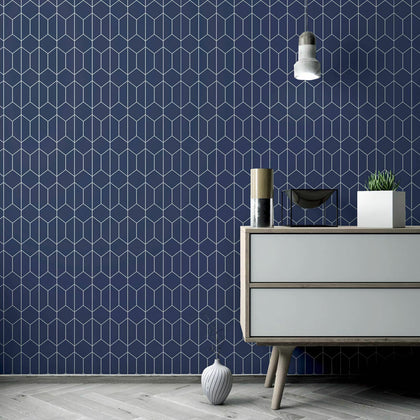 Linear Hexagons Geometric Honeycomb Shapes Arthouse Wallpaper - Navy 909702