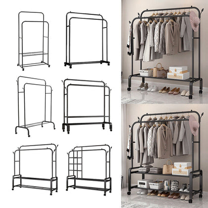 Mobile Double Clothes Hanging Rail w/ Storage Shelf Garment Shoes Display Stand