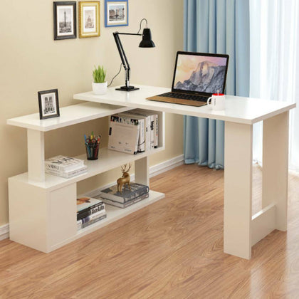 White L-Shaped Corner Computer Desk Workstation PC Laptop Table with Bookshelves