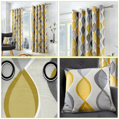 Grey Mustard Lennox Geometric Ogee Print Lined Eyelet Top/Ring Top Curtains Pair