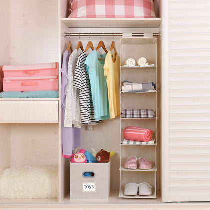 6 Pocket Hanging Wardrobe Shelves Shoe Garment Organiser Storage Unit Beige
