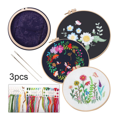 3pcs Embroidery Beginners Cross Stitch Kits Printed Flower Pattern Craft Set DIY