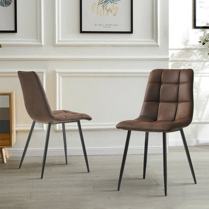 2x Brown Dining Chairs Padded Seat Metal Legs Kitchen Dining Room - Faux Suede
