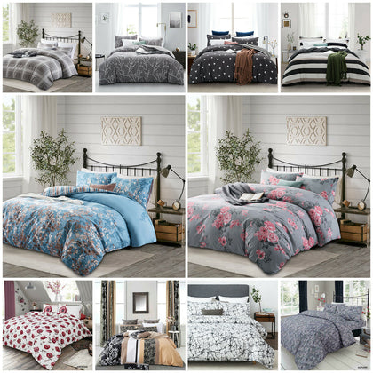 Reversible Duvet Quilt Cover Bedding Set Single Double King Size + Pillow Cases