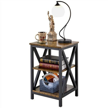 3 Tiers Industrial Bedside Table Sofa Side/End Table X-Frame Nightstand Storage