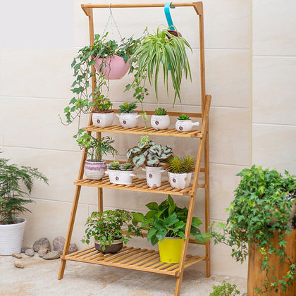 Bamboo Wooden Shelf Plant Stand Folding Multi Tier Ladder Storage Indoor Outdoor