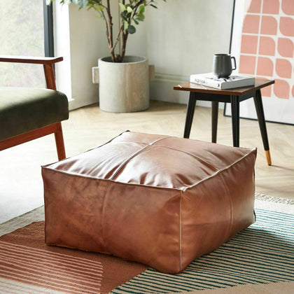 Tan Leather Rectangle Pouffe Vintage Design Cushioned Comfort Footstool E/D