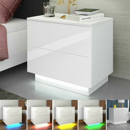 Bedside Table Cabinet With 2 High Gloss Drawers RGB LED Light Bedroom Nightstand