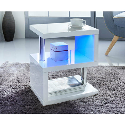 High Gloss 2 Tier Side/Coffee Table With LED Light Living Room Decor-White