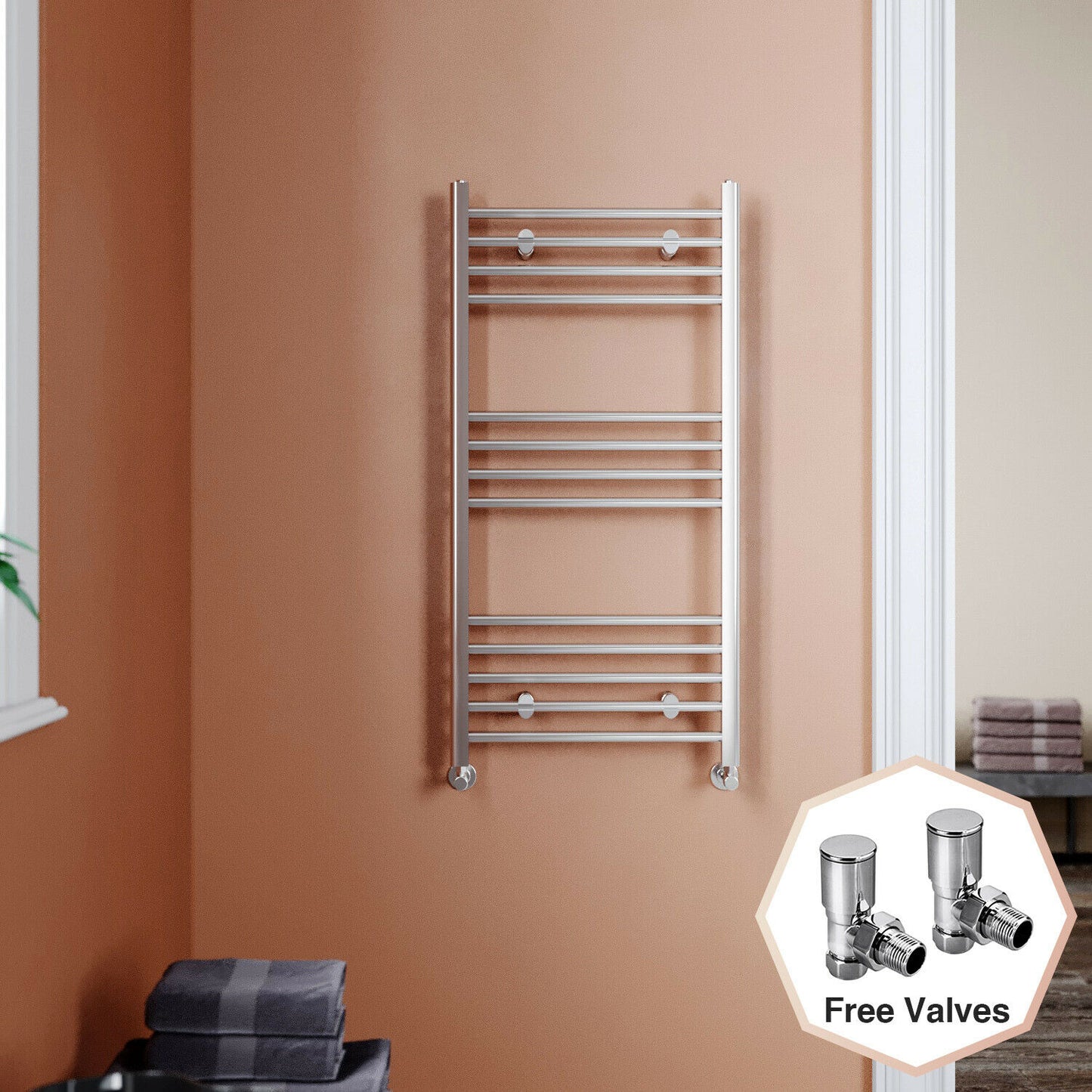 Chrome Towel Rail Radiator Rads Bathroom Heated Straight Ladder Warmer w/ Valves