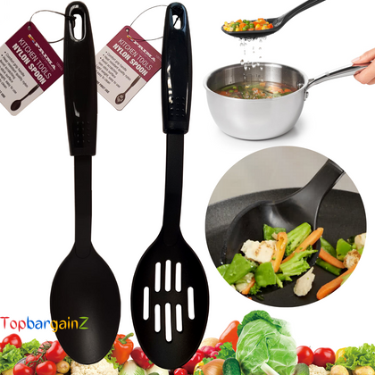 Solid Slotted Spoon Nylon Black Non Stick Cooking Serving Kitchen Heat Resistant