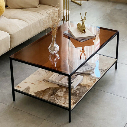 Thicken Glass Marble Coffee Table Rectangular Living Room Table Storage Shelf