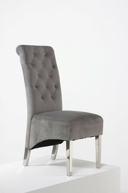 Grey Plush Velvet Lion Knocker Back Accent Dining Chair Chrome Legs
