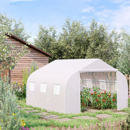 Walk-In Polytunnel Greenhouse w/ Roll Up Door Windows, 4.5x3x2 m White