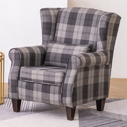 Tartan Fabric Wing Back Armchair Upholstered Living Room Office Reception Chair